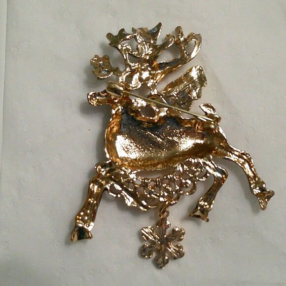 Christmas Reindeer Brooch Rhinestone & Enamel Snowflake Dangle Elf Rider - Picture 3 of 3